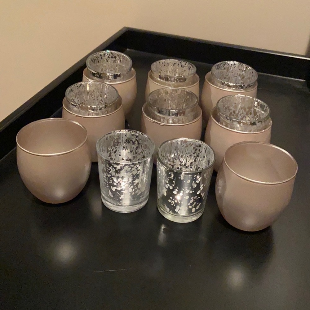 Bundle of 16. 8 mercury glass votive holders and 8 silver/grey candle holders